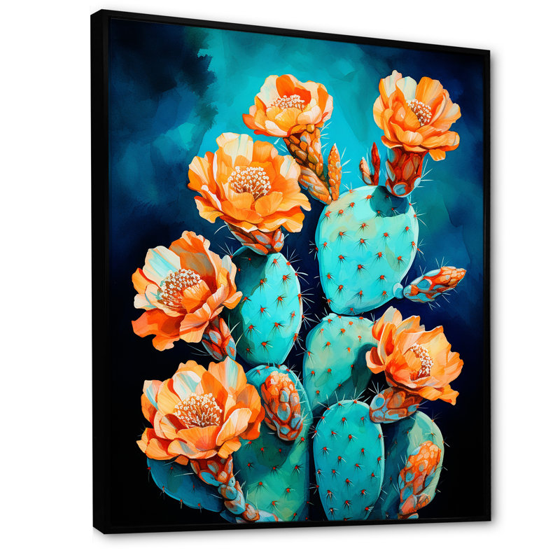 Cactus bleu et bronze brossé sur toile, H 40 po x l 30 po x P 1,5 po, Cadre flottant noir