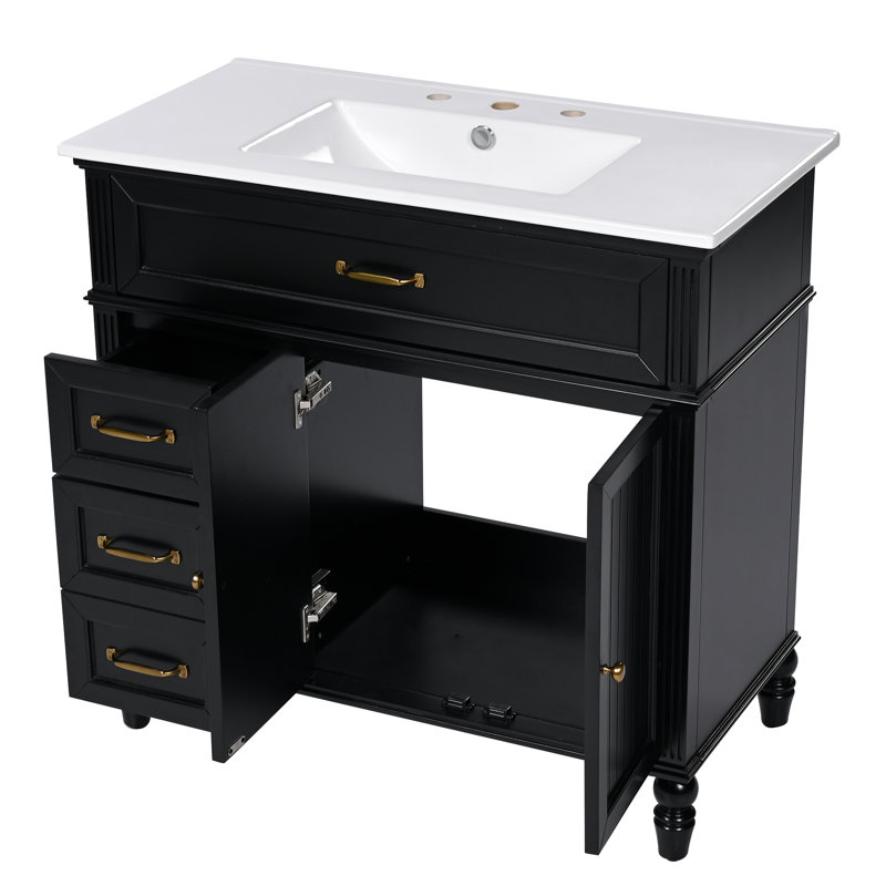 36" Modern Bathroom Vanity with Ceramic Sink, Soft-Close Drawers, Water-Resistant MDF Cabinet, Black