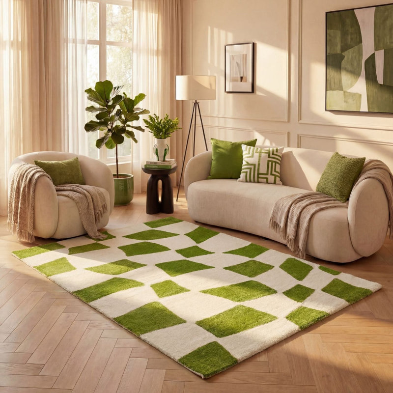 Joli Chequered Area Rug Soft Dense Pile for Living Rooms and Bedrooms, Green/White, Rectangle 200 x 290 cm