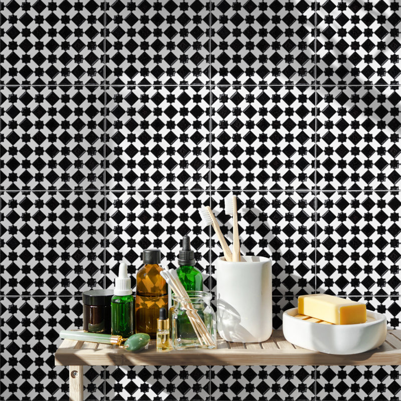 Sevillano Giralda 8" x 8" Ceramic Patterned Tile, Black/White