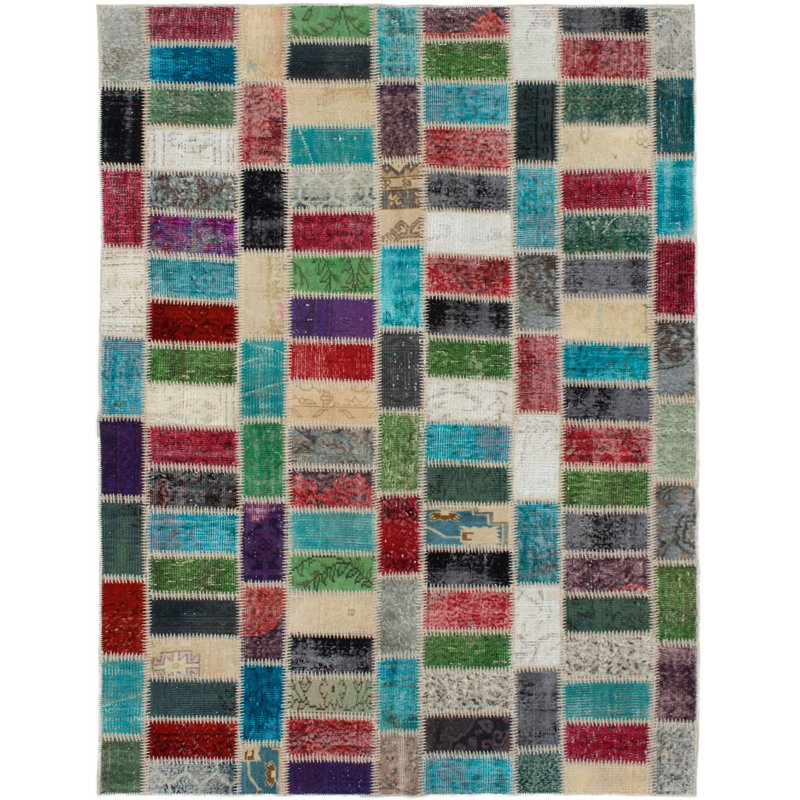 Tapis décoratif en laine noué à la main de conception unique noué à la main New Age 5 pi 8 po x 8 pi 5 po en bleu sarcelle/rouge/gris
