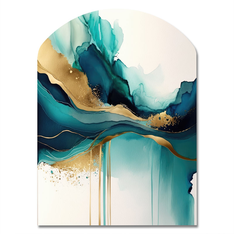 Sarcelle et or abstrait Expression II - encre liquide asymétrique, décoration murale en métal, arche turquoise