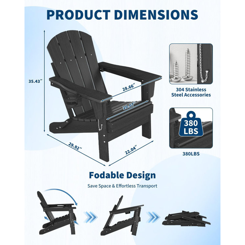 Folding Adirondack Chair Set of 2 , All-Weather HDPE Outdoor Chair, Wooden Textured with Cup Holder for patios, Decks, Gardens, fire pits,Black