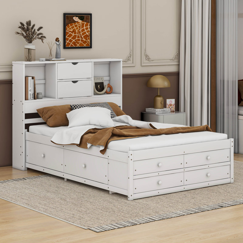 Platform Bed with Storage Headboard And 8 Drawers, Queen, White