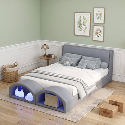 Queen Upholstered Platform Bed with Headboard and LED Lighted Dual Cat Caves Pet Nests