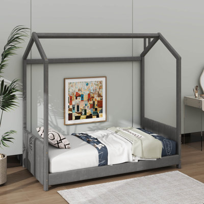 Wooden Bed With A Velvet-Inspired