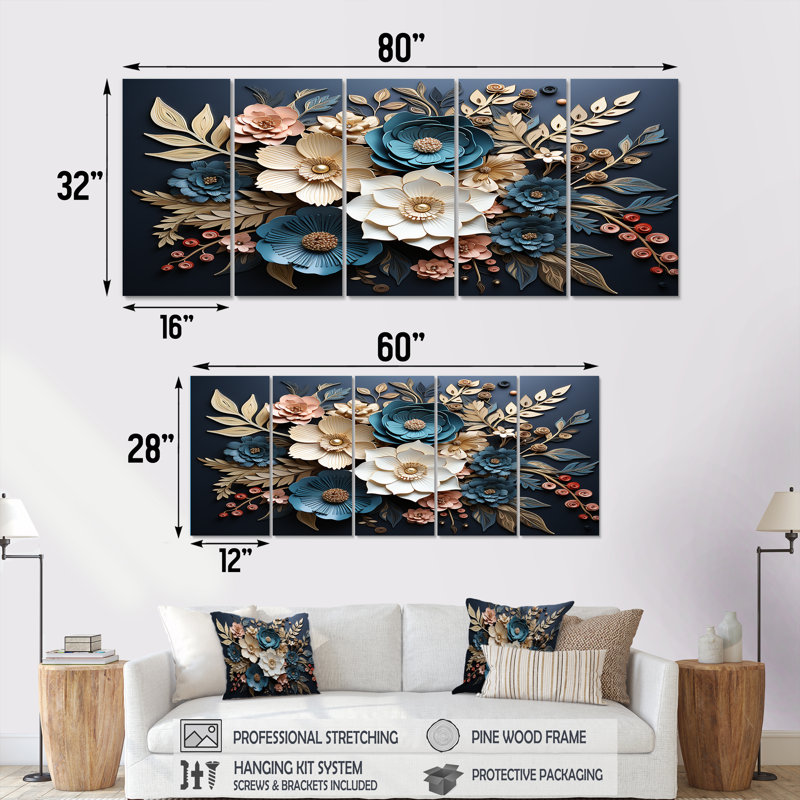 Bleu et or, charmantes fleurs printanières - fleurs, art mural 5 pièces pour le salon, H 28 po x l 60 po