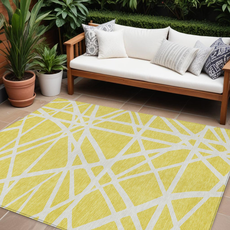 Tapis extérieur lavable à motif géométrique jaune et lin 10 pi x 14 pi