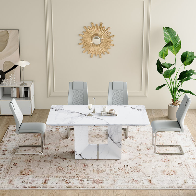 Ensemble de table de salle à manger 5 pièces, Gris léger / argent, Blanc
