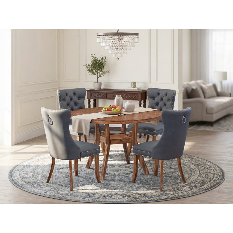 5-piece Modern Dining table set included a Kitchen Table and 4 Platinum Grey Polyester fabric Dining Room Chairs with Button Tufted Back - Antique Walnut Finish