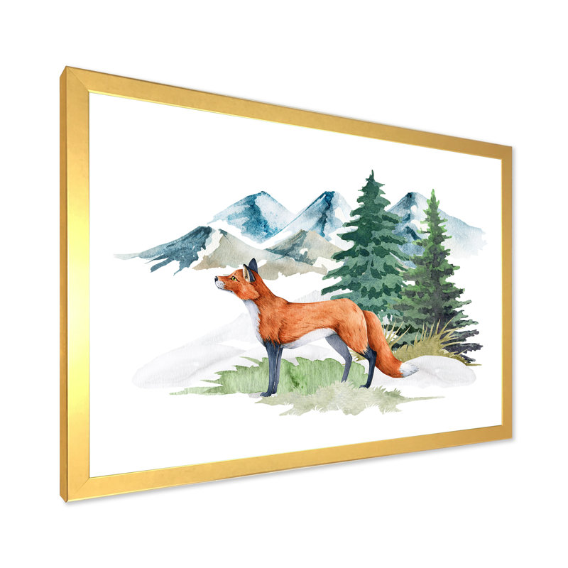 Red Fox in Winter Forest Landscape - peinture sur toile, Toile à cadre d'angle fermé doré, H 16 po x l 32 po