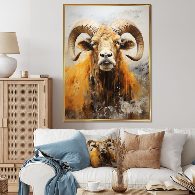«Barty Beige Ram Animal» - imprimé, Cadre flottant doré, H 32 po x l 16 po x P 1 po