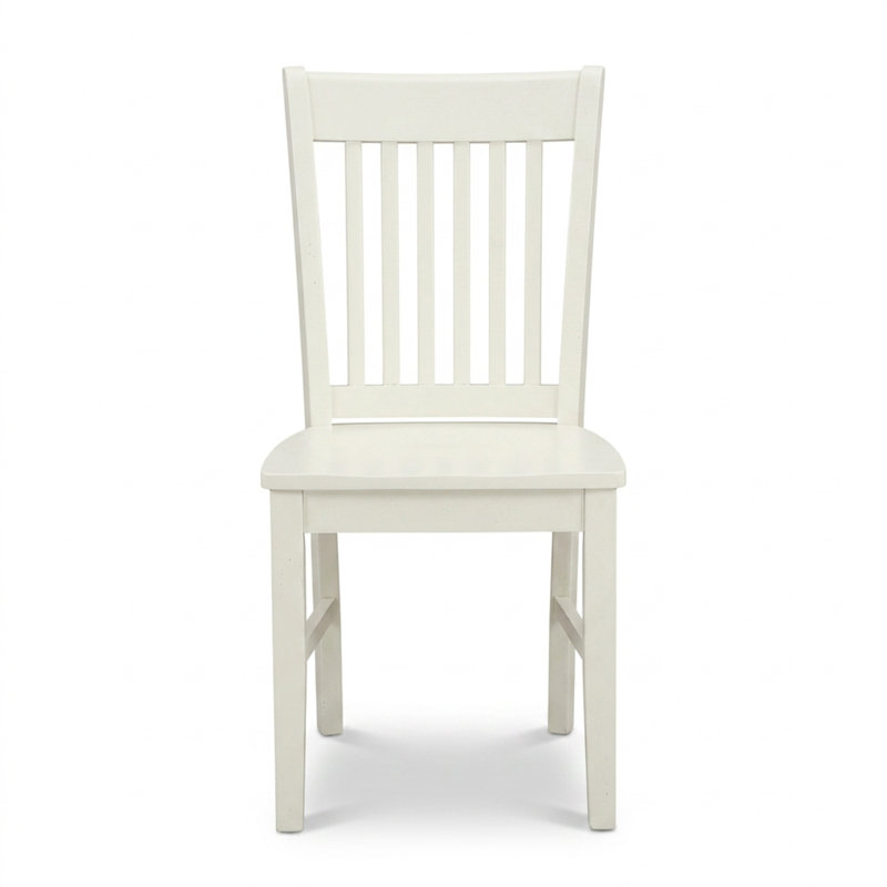 Ensemble de salle à manger rectangulaire 7 pièces en bois d'hévéa fini blanc lin, comprenant une table et 6 chaises à dossier à lattes, style milieu du siècle.