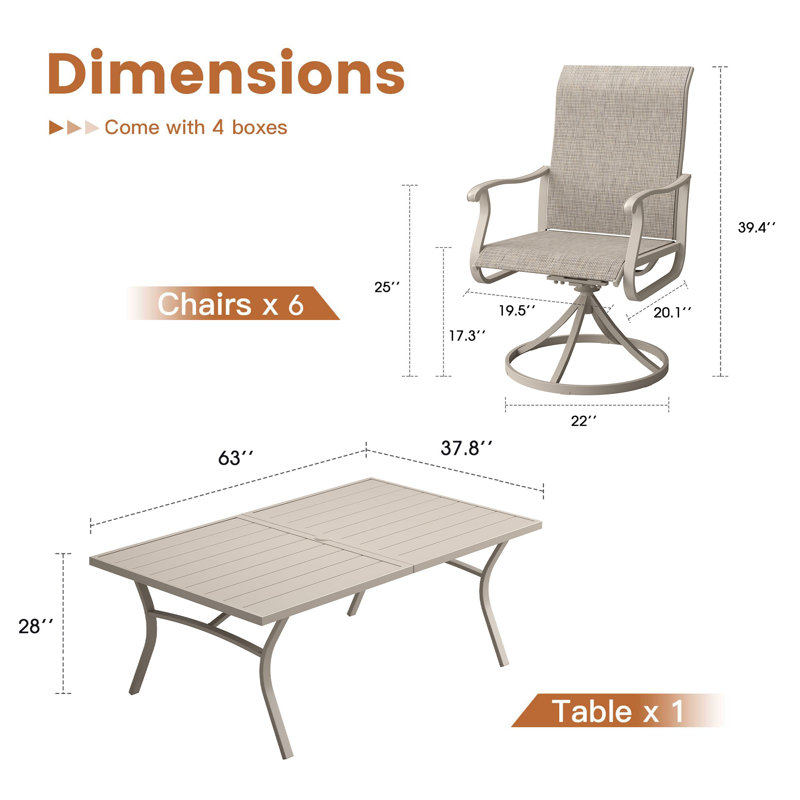 6-Person Patio Dining Set with 63" Metal Curved Dining Table and PVC-coated polyester Swivel Dining Chairs, Cream/Sandshell