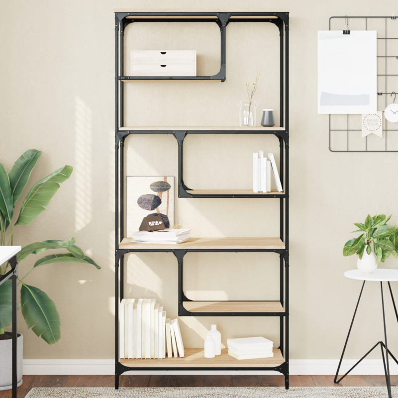 Emille 176cm H x 81cm W Steel Geometric Bookcase, Sonoma Oak