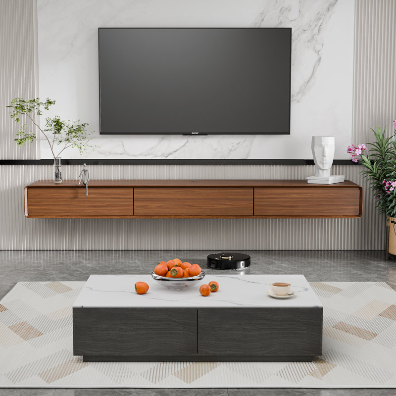Fully Assembled 80" Handmade Floating TV Stand，Modern Wall-mounted Media Center with Flip-up Storage，Soft-close Doors，Solid Walnut Wood Veneer Finish