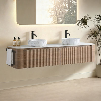 Bathroom Vanity with Sink, Honey Oak Wall Cabinet with Free Towel Rack,  Ceramic Basins Design, without Drain and Faucet, Pre-assembled