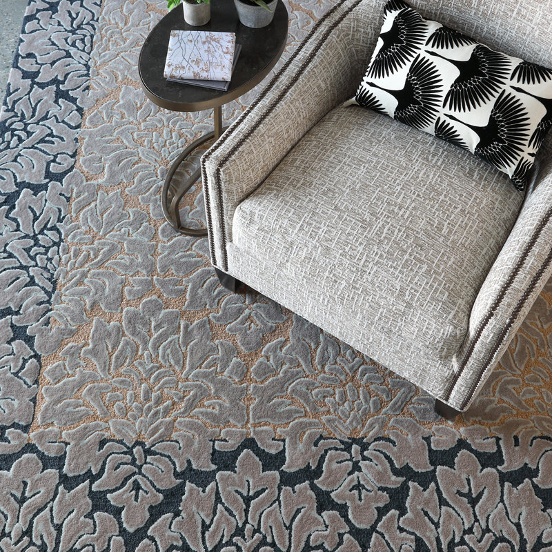 Responsible Wool Standard Flocked Damask Hand-Tufted Sustainable New Zealand Wool Traditional Area Rug Pecan Gray Black