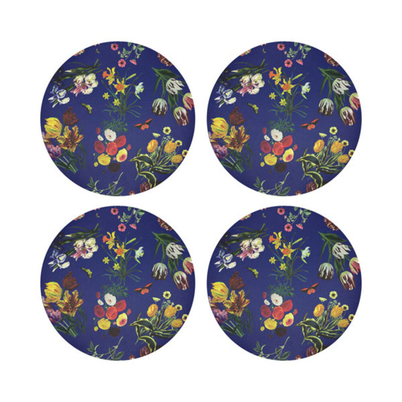 Flora Fauna Black Vegan Leather Round Coasters, Blue