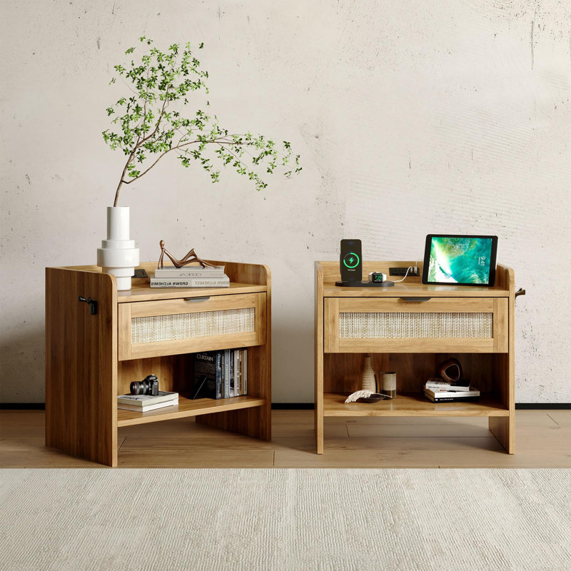 Rattan Nightstand Set of 2, Bedside Table with Type-C Charging Station - 1 Drawer & Open Space,Boho End Table Side Table
