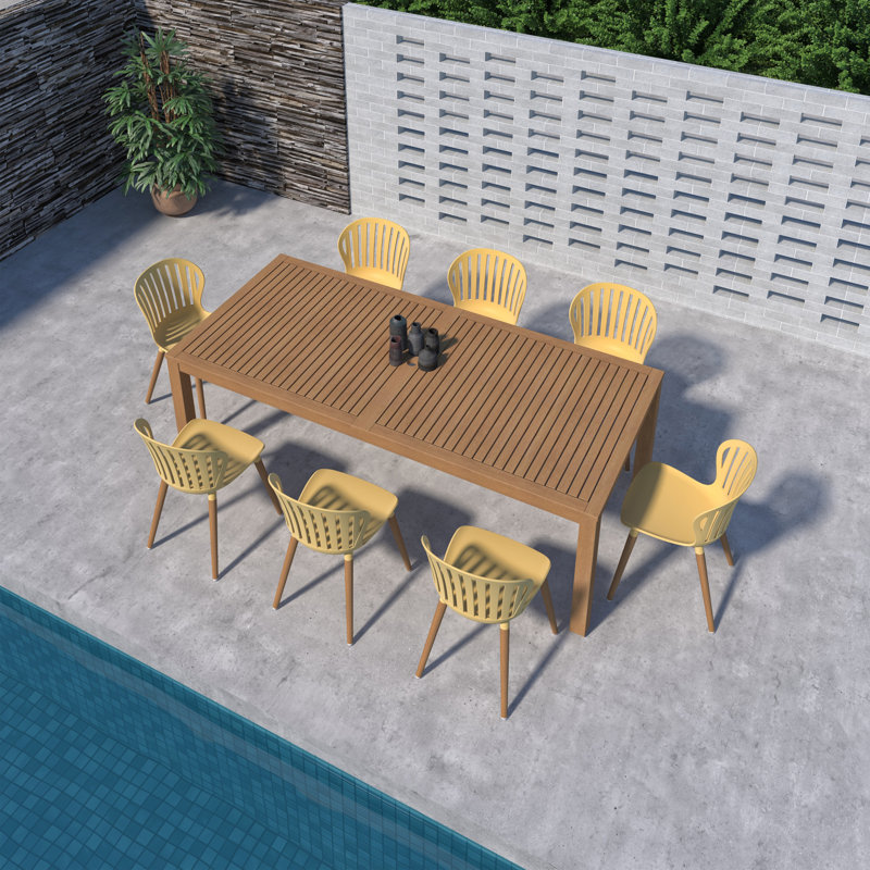 Kinchen 9Pc FSC Wood Outdoor Patio Dining Set - Yellow Chairs, Yellow, 8