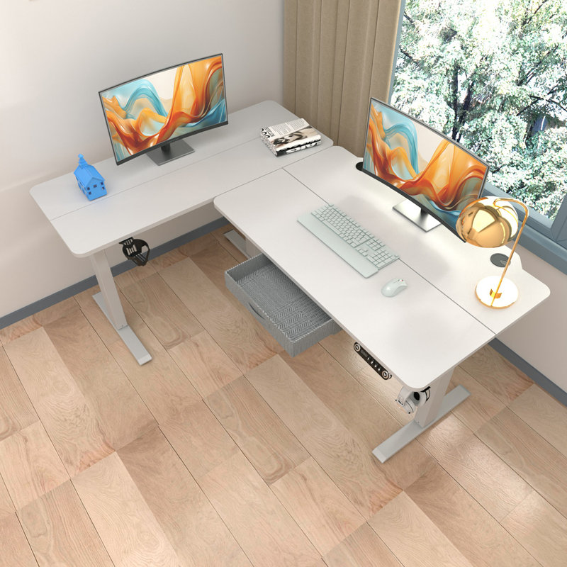 Becali 63'' L-Shaped Height Adjustable Standing Desk With A Drawer, White