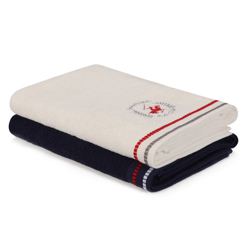 Ensemble de 2 serviettes de bain 100% coton, Bleu foncé / Blanc
