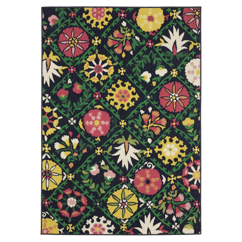 Sherley Bold Boho Floral Navy/ Multi Indoor-Outdoor Area Rug, Rectangle 3'3" x 4'12"