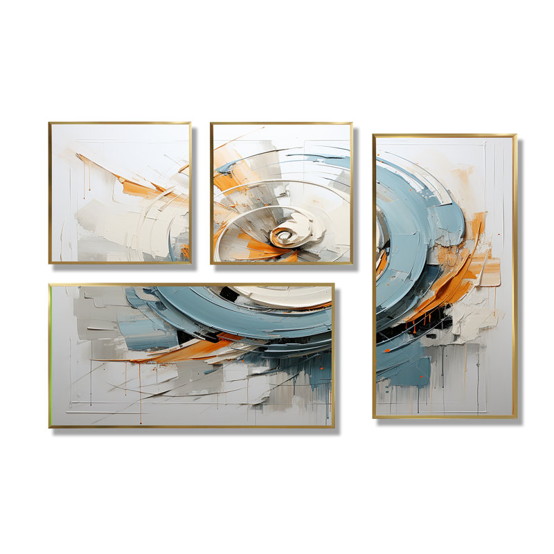 Whispering Motion - Jaune, reproduction d'art sur toile 4 panneaux, Impression encadrée sans passe-partout, Doré