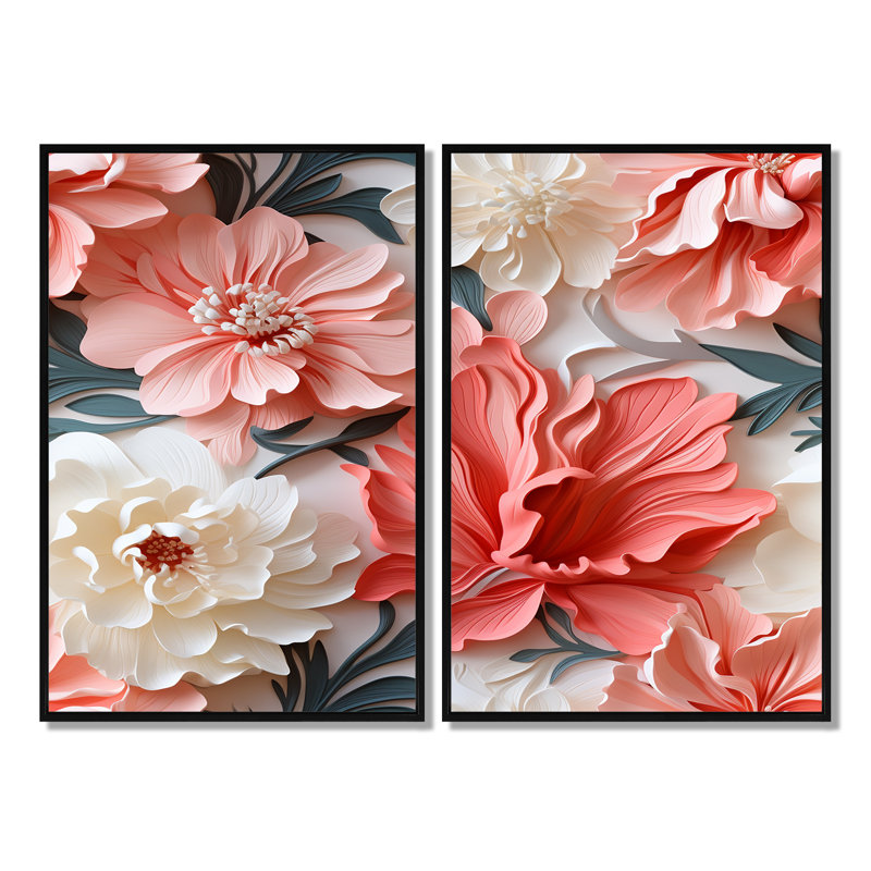 Motif tropical subalterne corail - art mural floral tropical côtier 2 pièces, 36" H x 48" W, Impression encadrée flottante