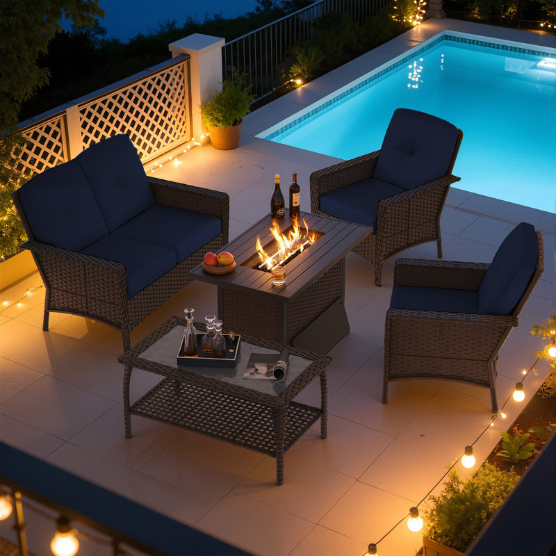 5-piece Outdoor Wicker Patio Conversation Set With 43" 50,000 Btu Gas Fire Pit Table, Love-seat Sofa, Tempered Glass Coffee Tables & Csa Certification