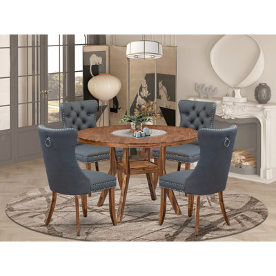 L'ensemble de table de salle à manger moderne 5 pièces comprend une table de cuisine et 4 chaises de salle à manger en tissu de polyester gris platine avec dossier capitonné - Finition noyer antique