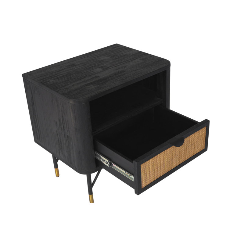 Table de chevet Saratoga en acacia noir avec rotin