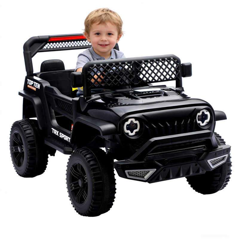 Voiture électrique pour enfants, noire, batterie 12 V 4,5 Ah, deux moteurs 380, portes ouvrantes, marche avant/arrière, lecteur de musique, indicateur de batterie, fonction de balancement, démarrage progressif, phares, feux arrière, télécommande 2,4 GHz