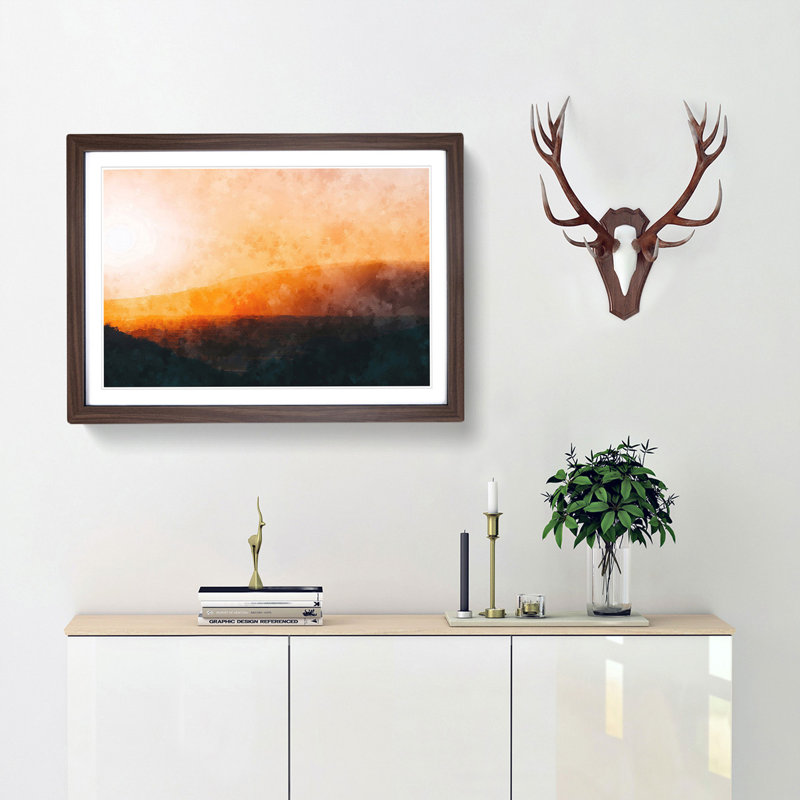 Sunset over the Hills and Mountains - Picture Frame Painting Print, 24cm H x 33cm W x 2cm D, Walnut Framed