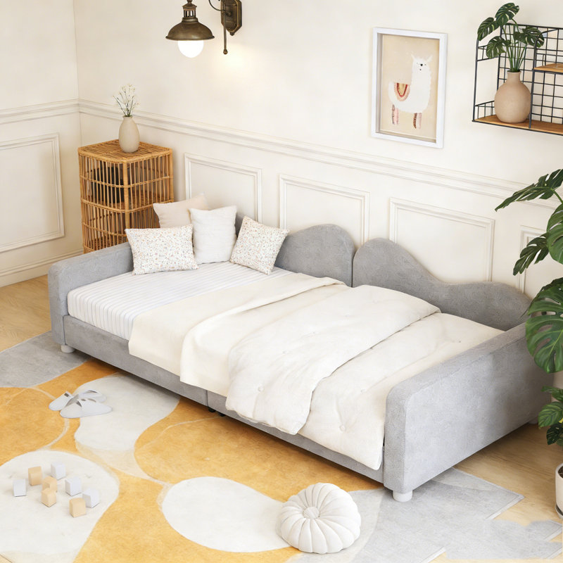 Upholstered Daybed, Sherpa Fabric Sofabed with Cloud-Shaped Backrest, Full , Gray