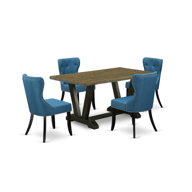 5-Piece Mid Century Table Set Contains a Distressed Jacobean Dining Table and 4 Blue Linen Fabric Dinner Chairs with Button Tufted Back - Wire Brushed Black Finish