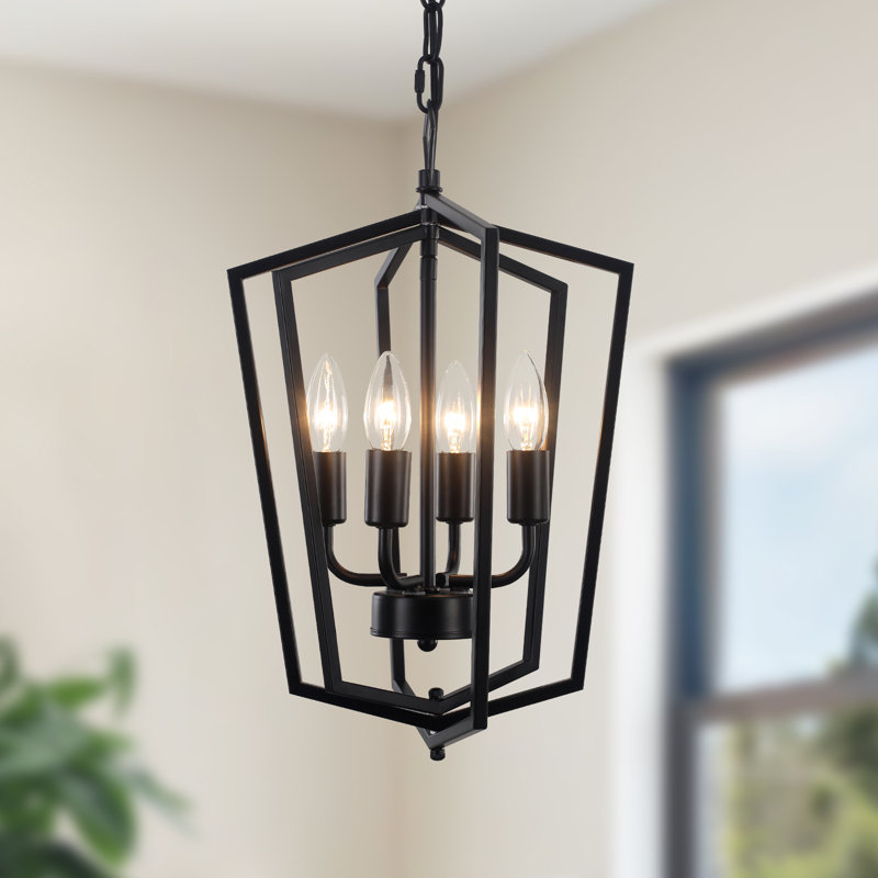 Lustre lanterne à intensité variable à 4 lumières avec détails en fer forgé Aonesty, Noir mat