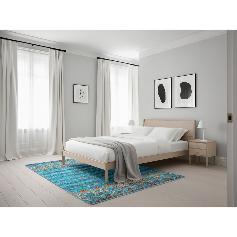 Tapis décoratif bleu contemporain, Rectangle 5 pi x 7 pi