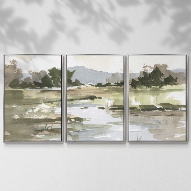 Autumn Stream I, reproduction sur toile 3 pièces, H 24 po x l 48 po x P 2 po, Argenté