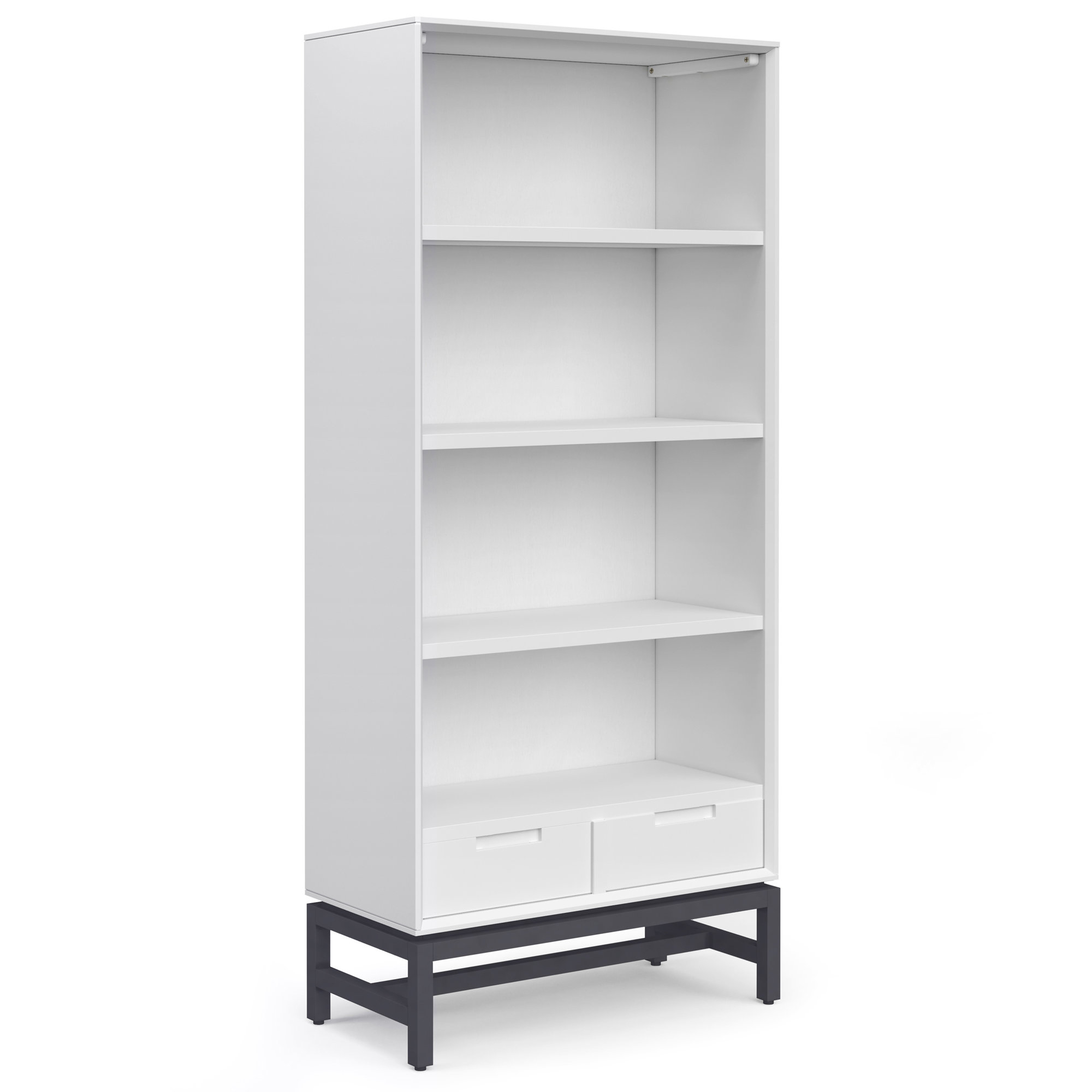 Banting 30"W Solid Wood 4 Shelf Industrial Bookcase with 2 Drawers, Adjustable Shelves, and Metal Base, White/Black