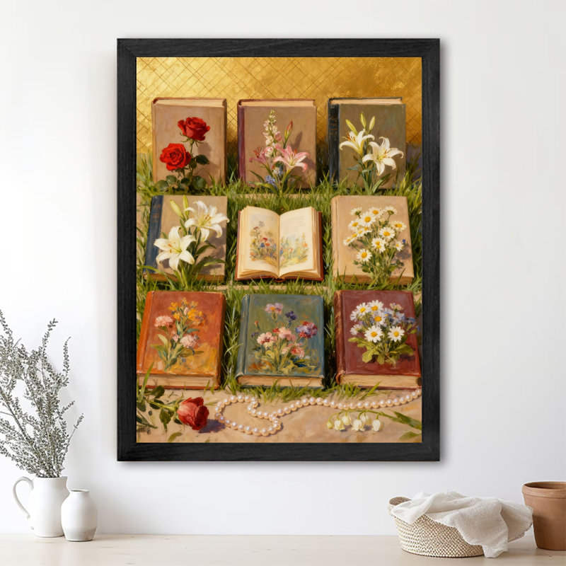 Art encadré noir Un livre plein de fleurs, art mural de style rétro, H 37 po x l 25 po