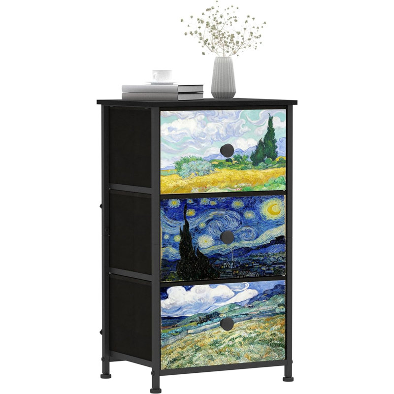 Van Gogh Pattern Black 3-Drawer Dresser with Steel Frame