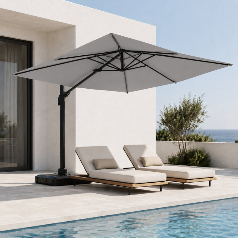 Parasol en porte-à-faux décalé en aluminium 10 pi avec rotation à 360 °, parasol de patio extérieur durable avec manivelle et inclinaison, base vendue séparément