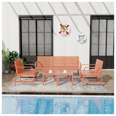 Summer 5-Piece Outdoor Patio Furniture Set - Waterproof PP Conversation Set with 3-Seater Sofa, 2 Chairs & Nesting Coffee Tables - Apricot Brown