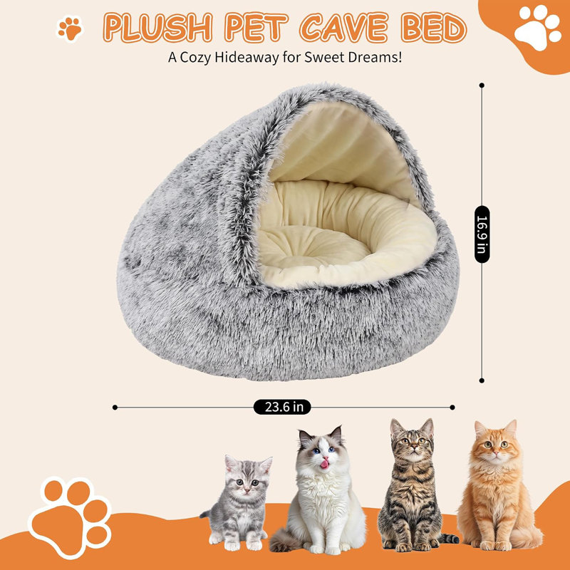 Lit-grotte à capuchon pour chat, lit douillet rond pour chat avec auvent - Coussin lavable amovible - Nid douillet pour chat