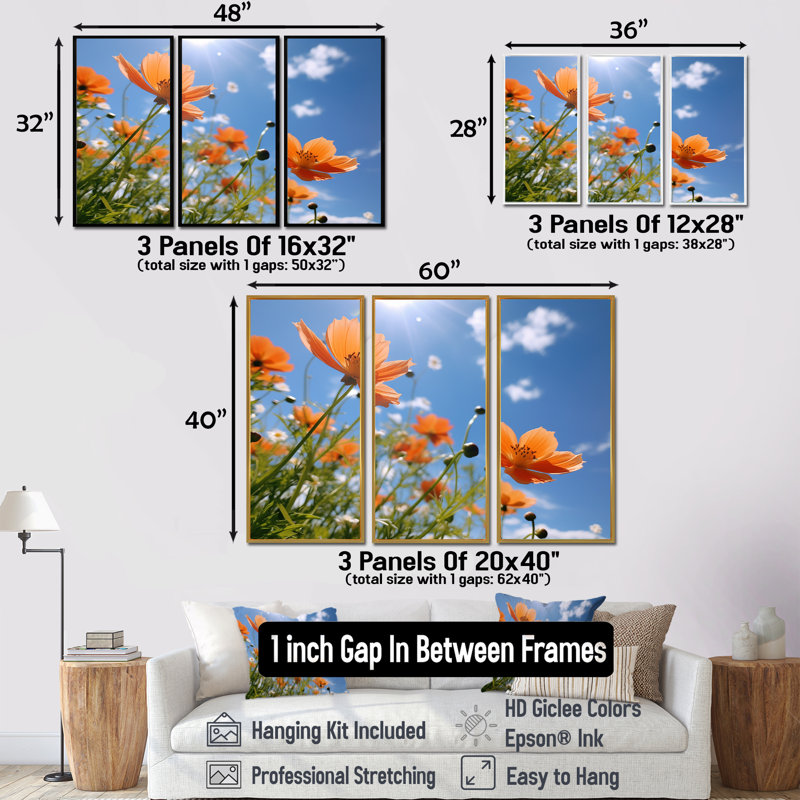 Orange coquelicots, bleu, ciel d'été - ensemble de salon d'art mural coquelicots, H 40 po x l 60 po x P 1 po