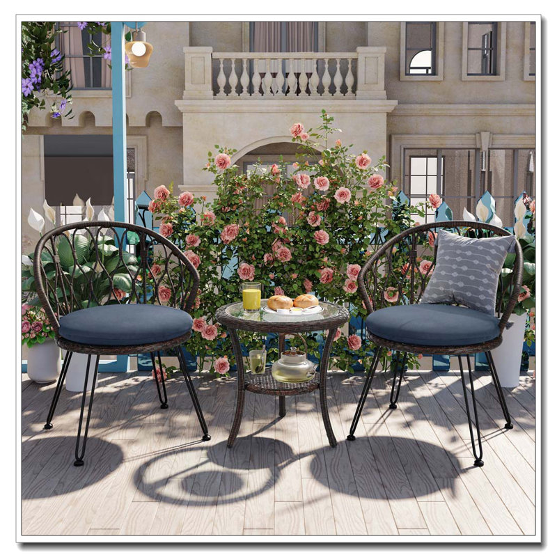 Ensemble de loisirs d'extérieur, 2 chaises simples en rotin avec table ronde en verre, Coussin bleu / cadre brun
