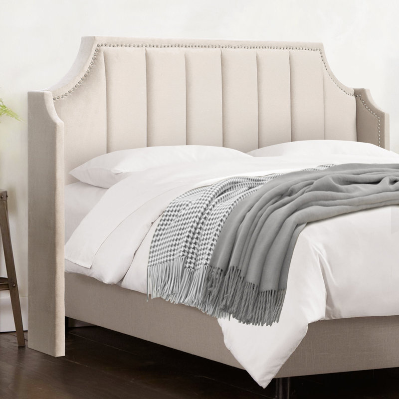 Upholstered Headboard with Nailhead Trim, Beige, Queen