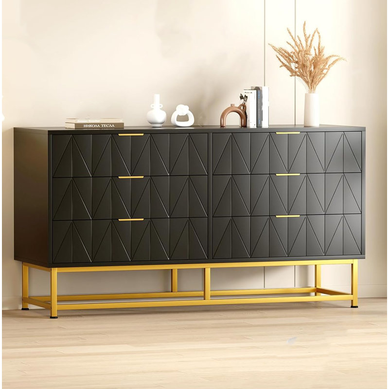6 Drawer Dresser With Gold Metal Handles ,modern Large Dresser Storage Cabine, Black
